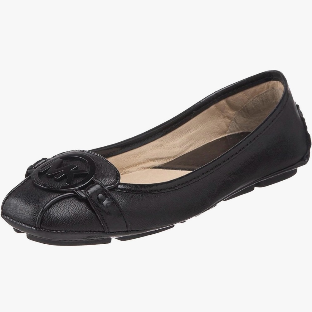 Michael Kors Black Leather Ballet Flats with Logo Medallion